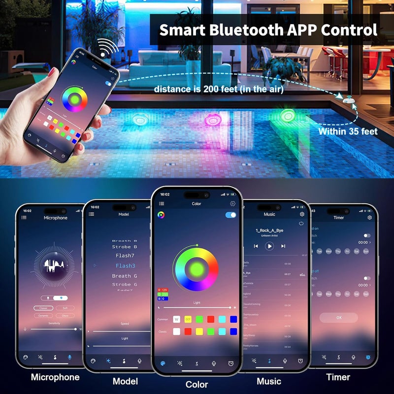 HOMLY Rechargeable Submersible Pool Lights with Wireless APP Control, Waterproof Underwater Smart LED Lights Controlled Multiple Lighting Modes, 4000mAh Magnets Lights for Multi Scene Pool Decoration - Image 3